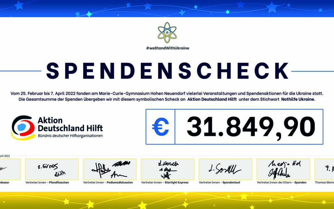 Wir spenden 31.849,90 € für die Ukraine an “Aktion Deutschland Hilft”